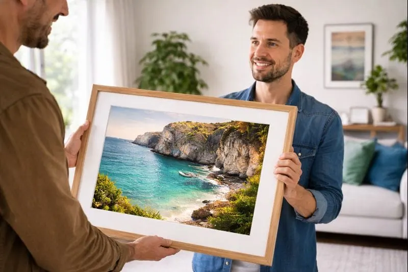 Quadro pronto sendo entregue em ambiente residencial